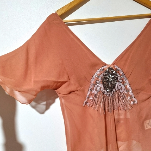 Nicola Finetti Size 10 Silk Peach Sheer Beaded Sequined Flutter Sleeve Top NEW - Picture 2 of 9